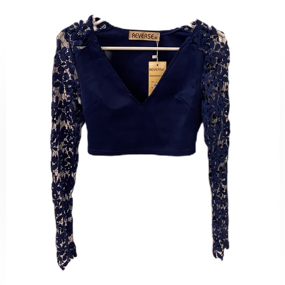 Reverse Navy Blue Crop Top with Crochet Flower Lace Sleeves (BNWT) - Picture 9 of 9